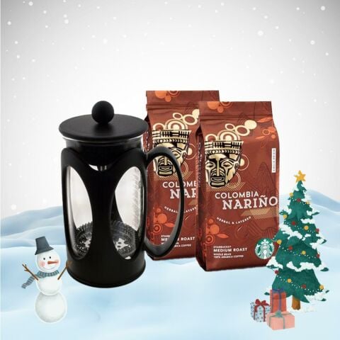 Starbucks French Press ve Colombia Narino Çekirdek Kahve x 2 Hediyeli Yılbaşı Seti