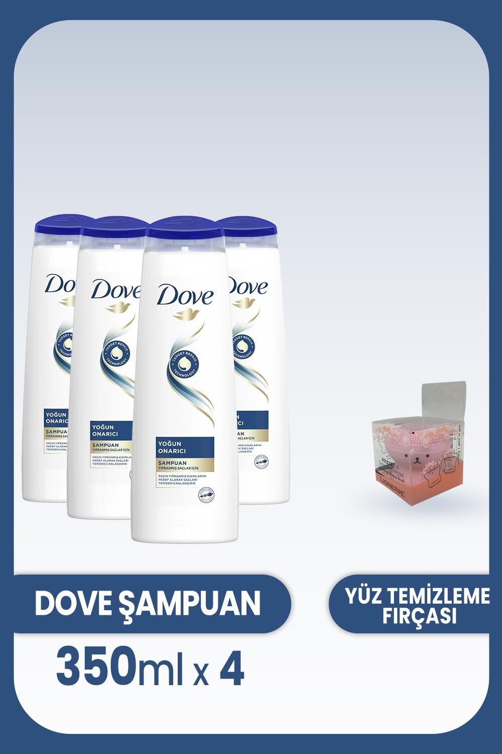 Dove Şampuan Yoğun Onarıcı Yıpranmış Saçlar 350 ml x 4 Adet ve Yüz Temizleme Fırçası