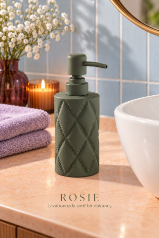 ROSIE Mat Adaçayı Yeşili Renk Baklava Dokulu Yuvarlak Seramik Sıvı Sabunluk 350 ML