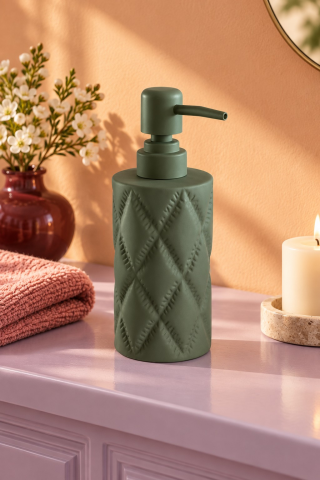 ROSIE Mat Adaçayı Yeşili Renk Baklava Dokulu Yuvarlak Seramik Sıvı Sabunluk 350 ML