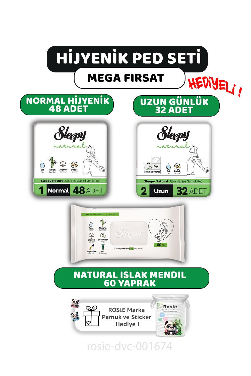 Sleepy Natural Ultra Hassas Ped Normal 48'li,Günlük Ped 32'li, Natural 60'lı Mendil ve ROSIE