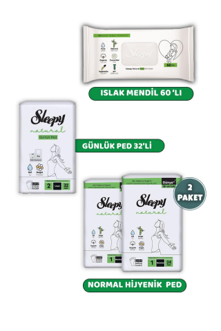 Sleepy Natural Ultra Hassas Ped Normal 48'li,Günlük Ped 32'li, Natural 60'lı Mendil ve ROSIE