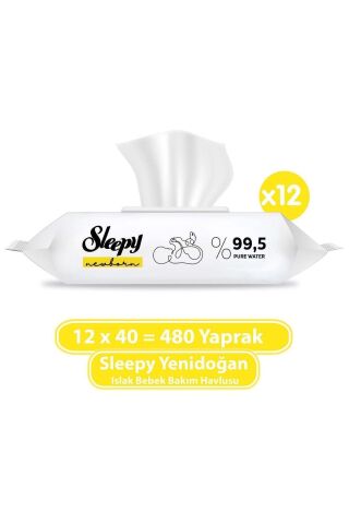 Sleepy Natural Yenidoğan Pamuklu 40 Yaprak 12'li Paket Islak Mendil