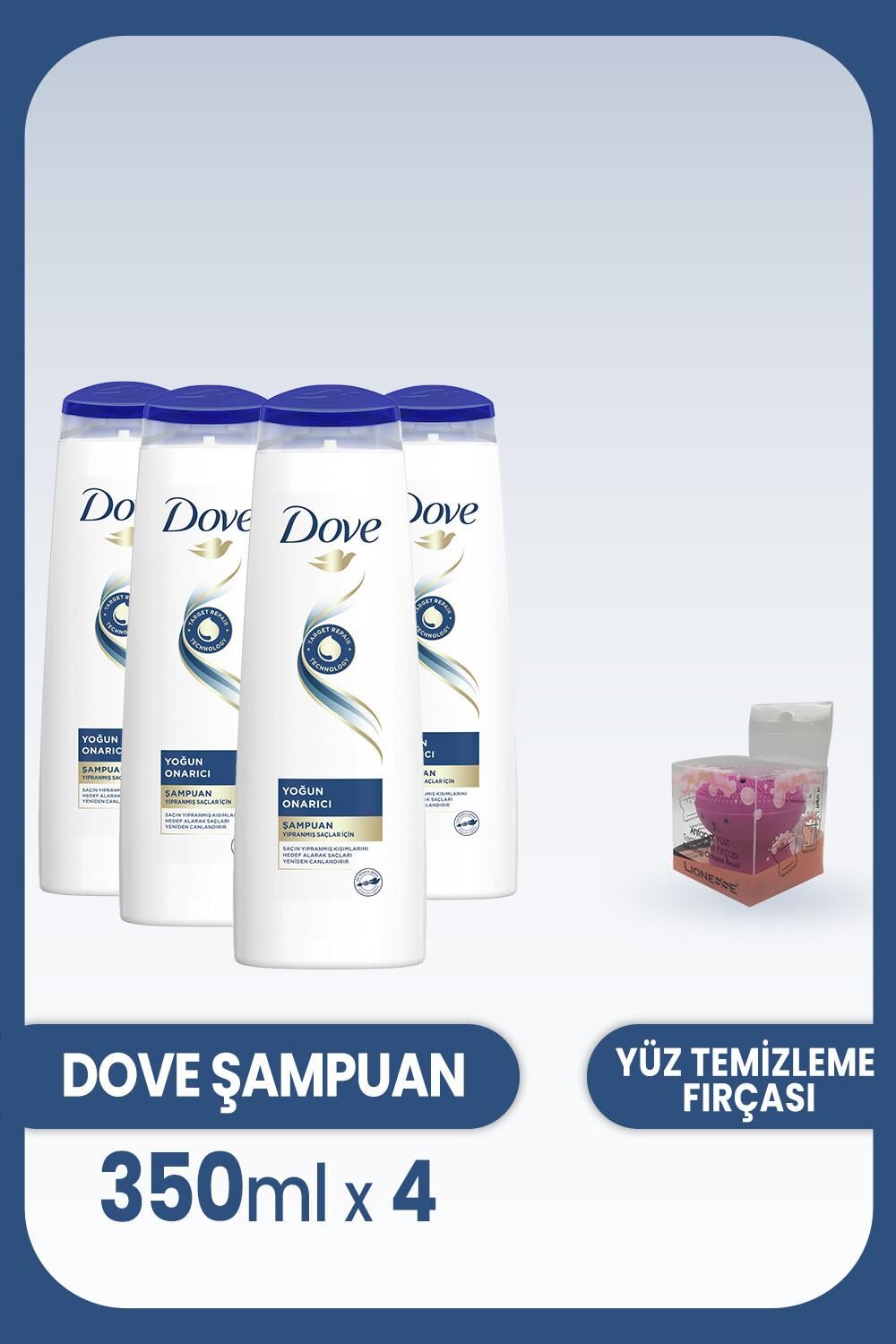 Dove Şampuan Yoğun Onarıcı Yıpranmış Saçlar 350 ml x 4 Adet ve Yüz Fırçası