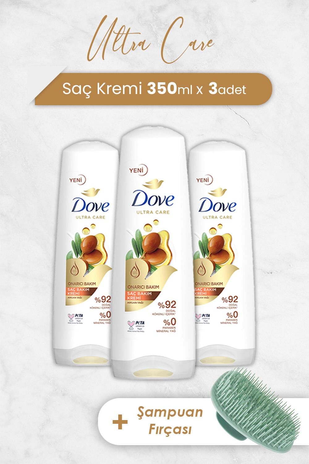 Dove Ultra Care Saç Kremi Argan Yağı 350 ml x 3 Adet ve Şampuan Fırçası