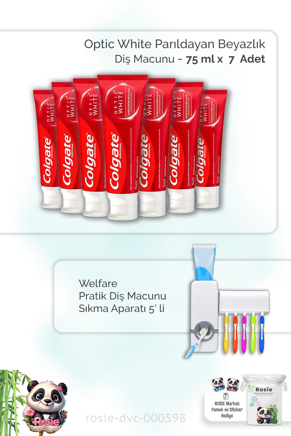 7 Adet Colgate Optic White Parıldayan Beyazlık 50 ml, Diş Macunu Aparatı ve ROSIE
