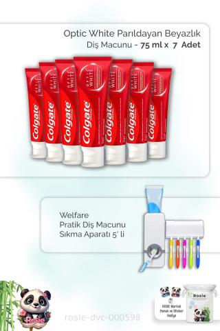 7 Adet Colgate Optic White Parıldayan Beyazlık 50 ml, Diş Macunu Aparatı ve ROSIE