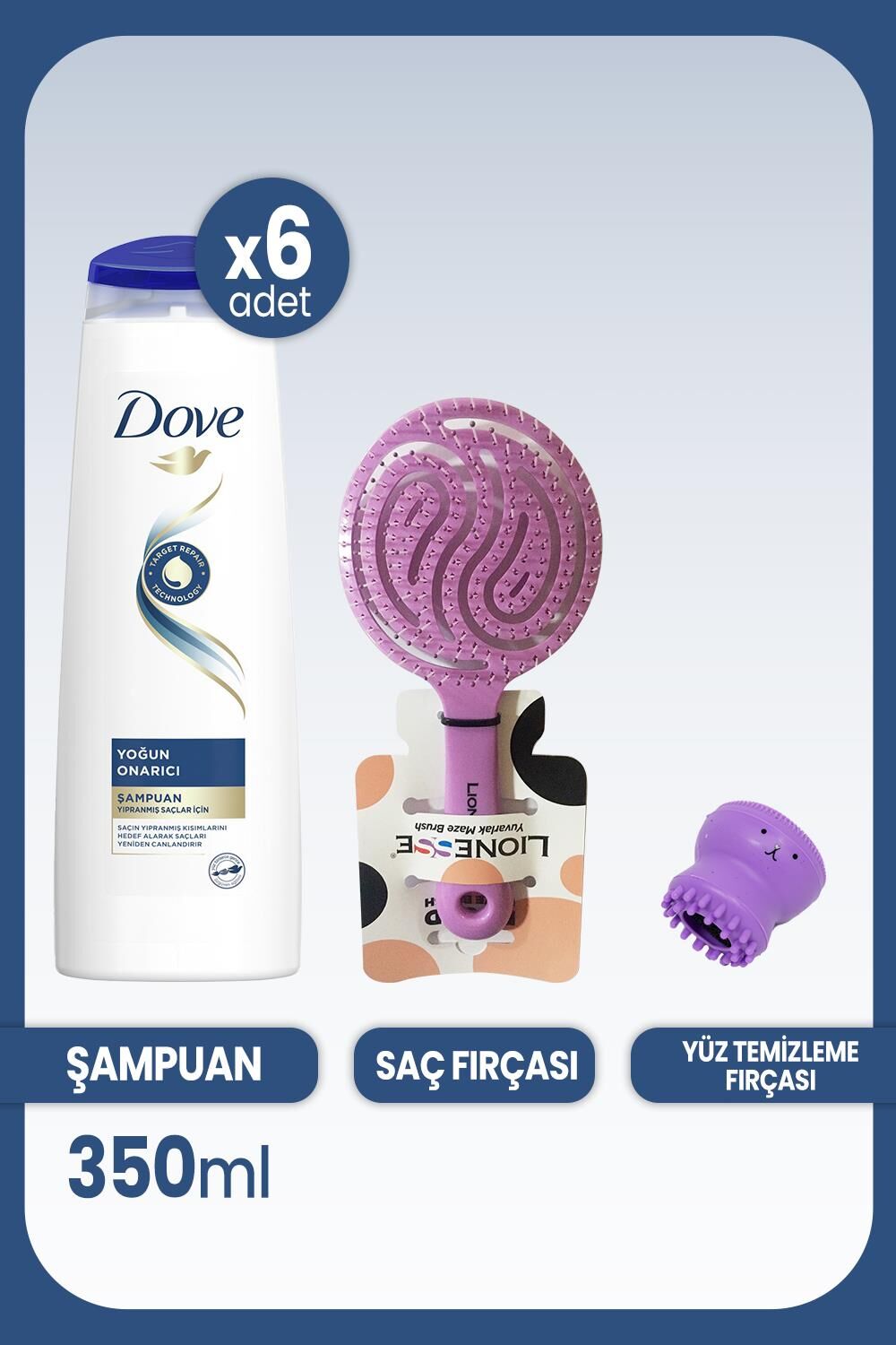 Dove Şampuan Yoğun Onarıcı Yıpranmış Saçlar 350 ml x 6 Adet & Saç ve Yüz Fırçası