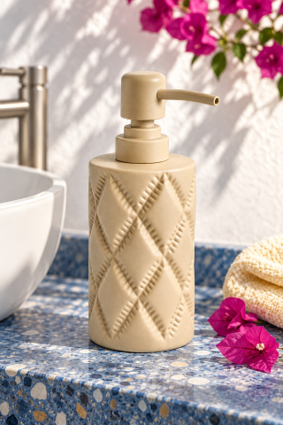 ROSIE Mat Kum Beji Renk Baklava Dokulu Yuvarlak Seramik Sıvı Sabunluk 350 ml