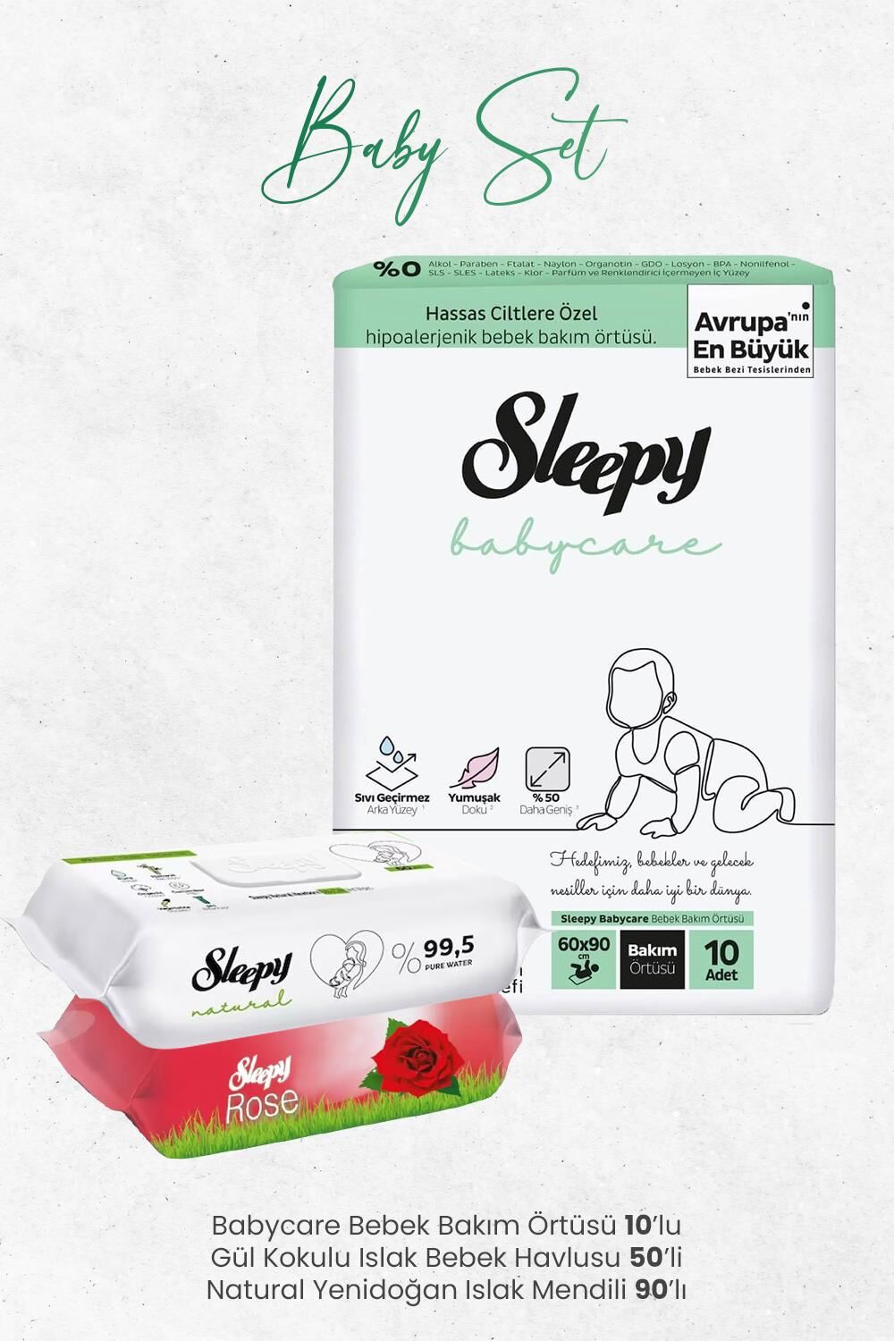 Sleepy Babycare Bebek Bakım Örtüsü 10'lu, Gül Kokulu 50 Yaprak ve Natural Yenidoğan 90'lı Islak Mendili