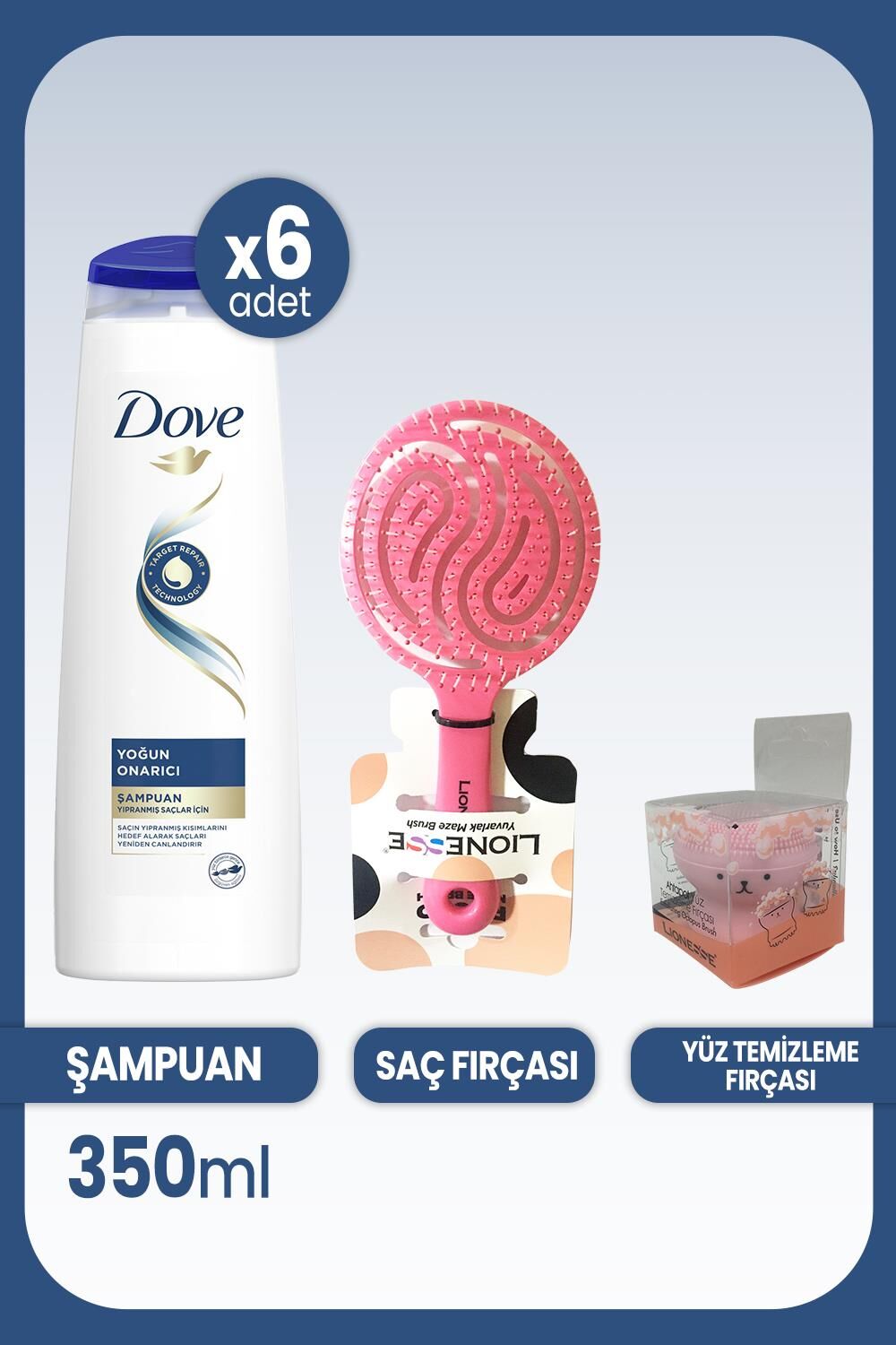 Dove Şampuan Yoğun Onarıcı Yıpranmış Saçlar 350 ml x 6 Adet & Saç ve Yüz Fırçası