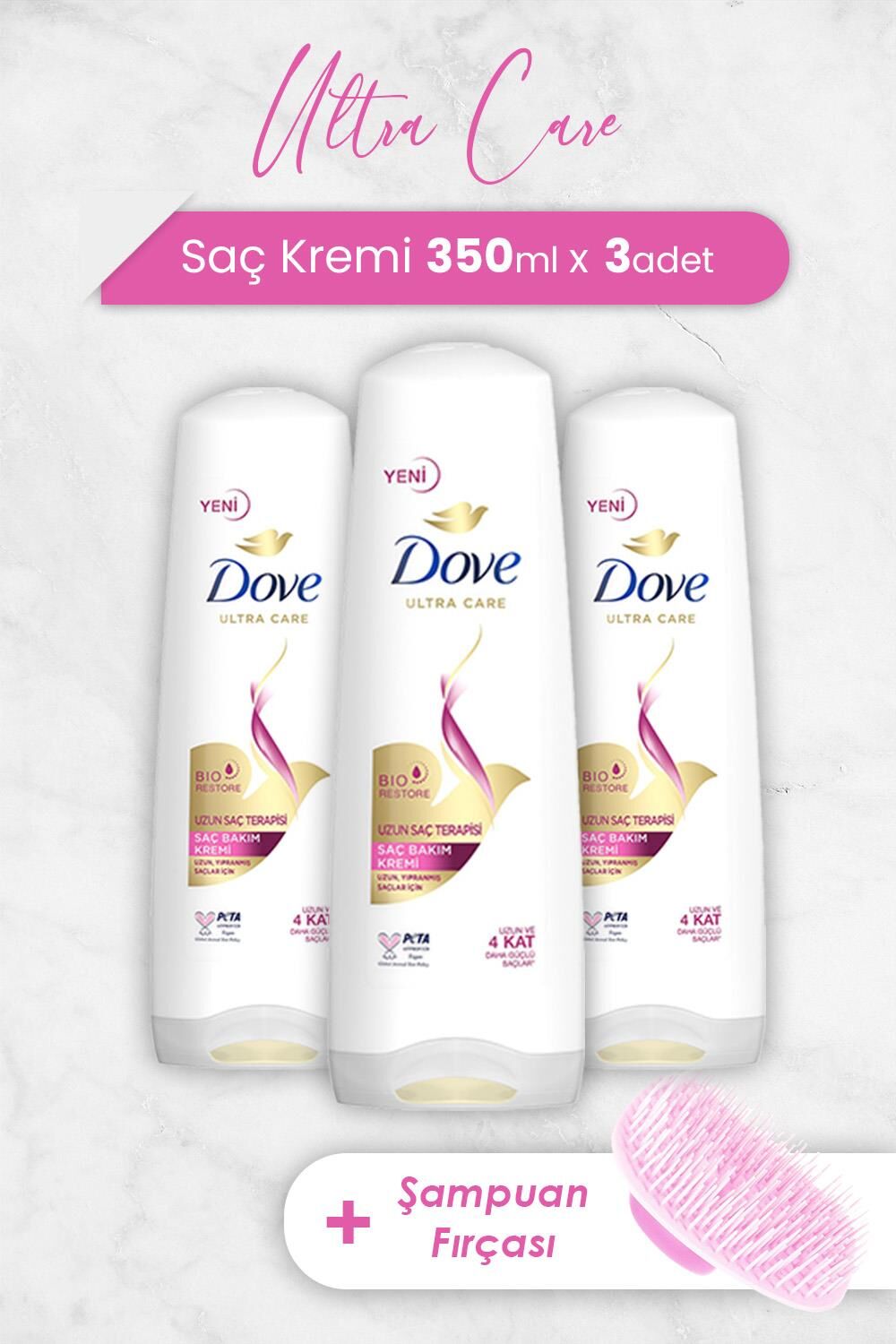 Dove Ultra Care Saç Kremi Uzun Saç Terapisi 350 ml x 3 Adet ve Şampuan Fırçası