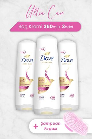 Dove Ultra Care Saç Kremi Uzun Saç Terapisi 350 ml x 3 Adet ve Şampuan Fırçası