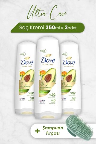 Dove Ultra Care Saç Kremi Avokado Özü 350 ml x 3 Adet ve Şampuan Fırçası