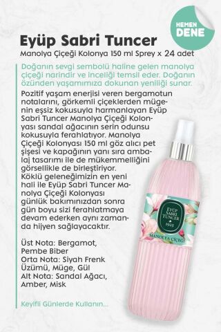 Eyüp Sabri Tuncer Manolya Çiçeği Kolonyası Silindir Pet Sprey Şişe 150 ML x 24 adet
