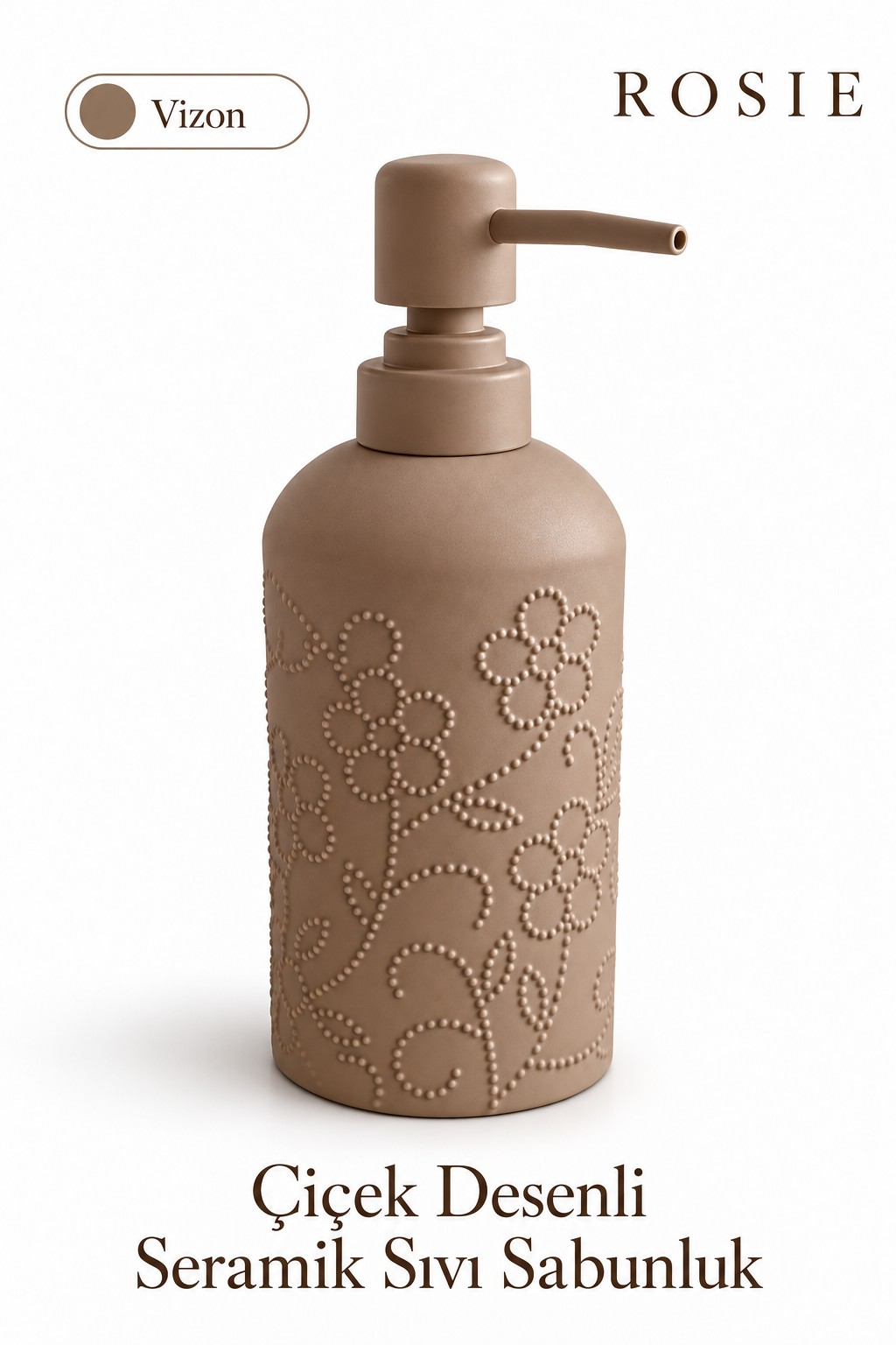 ROSIE Vizon Çiçek Dokulu Yuvarlak Seramik Sıvı Sabunluk 350 ml