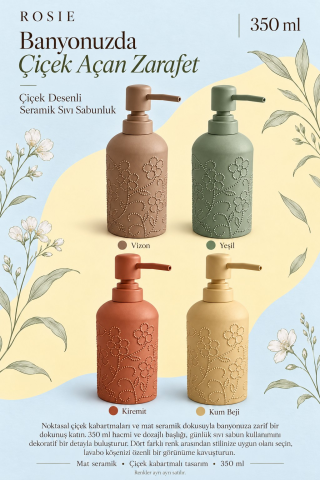 ROSIE Vizon Çiçek Dokulu Yuvarlak Seramik Sıvı Sabunluk 350 ml