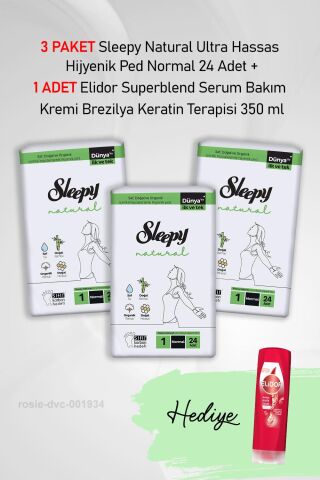 Sleepy Natural Hijyenik Ped Normal 24 Adet  X 3 ve Elidor Keratin Terapisi 350 ml