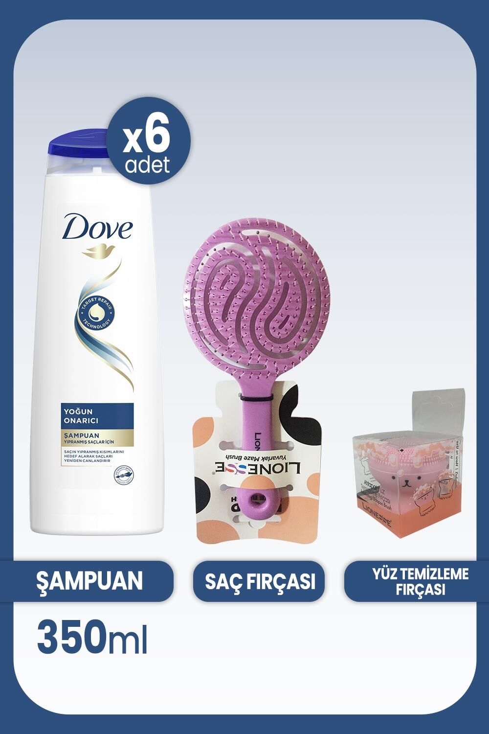 Dove Şampuan Yoğun Onarıcı Yıpranmış Saçlar 350 ml x 6 Adet & Saç ve Yüz Fırçası