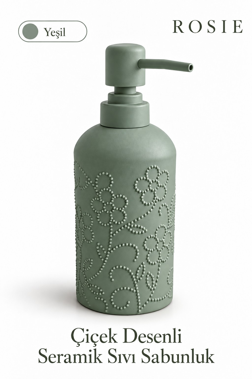 ROSIE Adaçayı Yeşili Çiçek Dokulu Yuvarlak Seramik Sıvı Sabunluk 350 ml