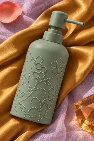 ROSIE Adaçayı Yeşili Çiçek Dokulu Yuvarlak Seramik Sıvı Sabunluk 350 ml