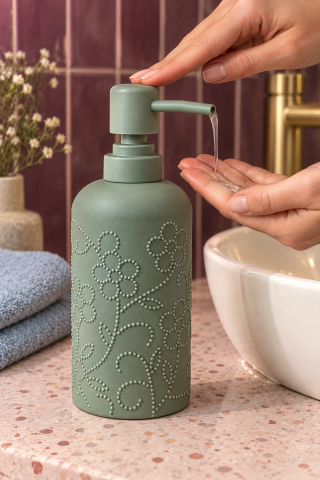 ROSIE Adaçayı Yeşili Çiçek Dokulu Yuvarlak Seramik Sıvı Sabunluk 350 ml