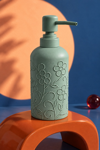 ROSIE Adaçayı Yeşili Çiçek Dokulu Yuvarlak Seramik Sıvı Sabunluk 350 ml