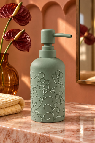 ROSIE Adaçayı Yeşili Çiçek Dokulu Yuvarlak Seramik Sıvı Sabunluk 350 ml