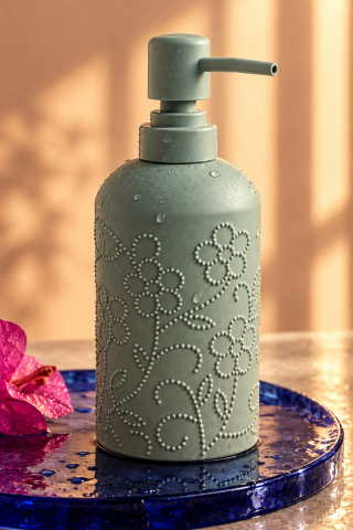 ROSIE Adaçayı Yeşili Çiçek Dokulu Yuvarlak Seramik Sıvı Sabunluk 350 ml