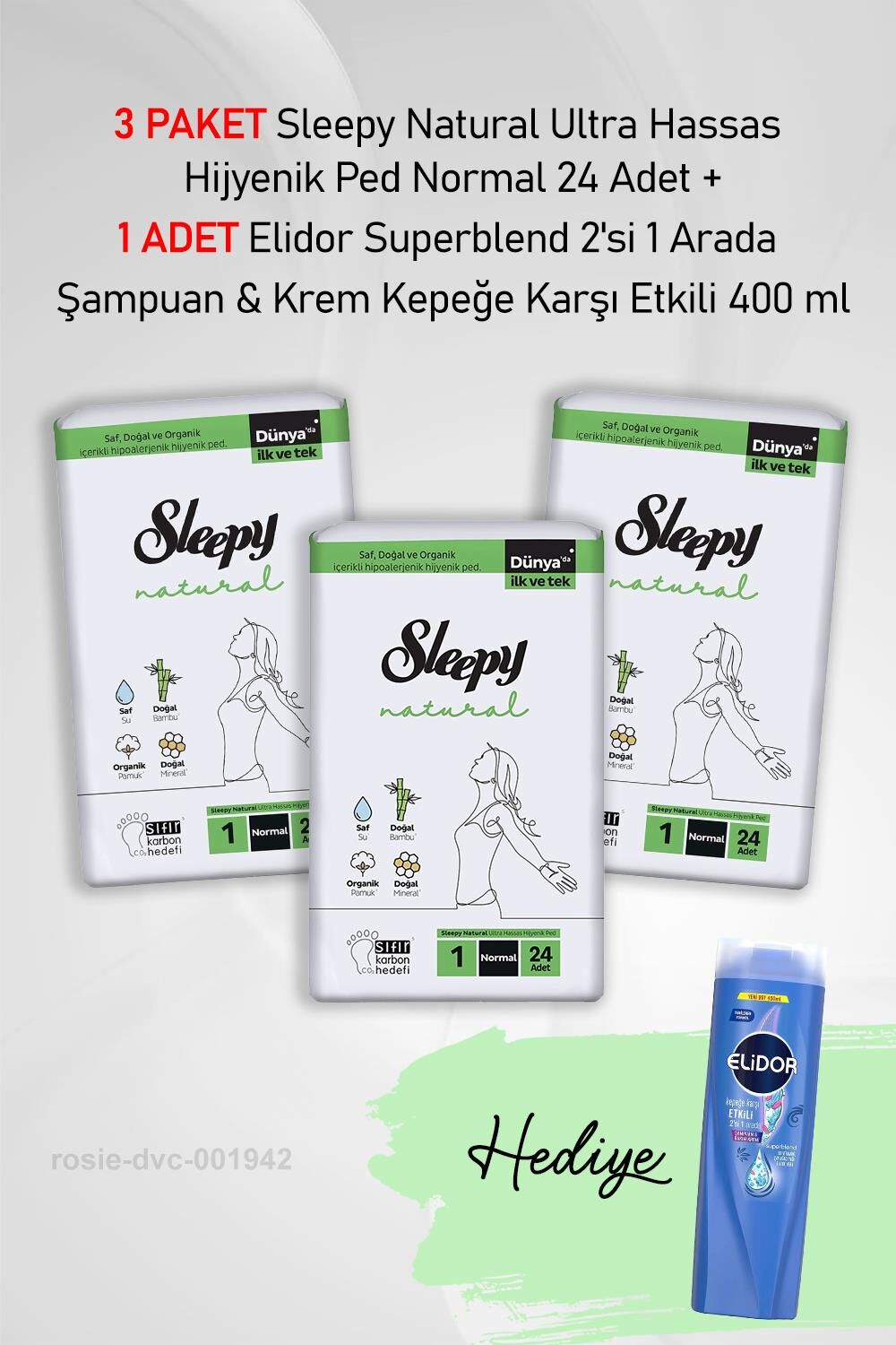 Sleepy Natural Hijyenik Ped Normal 24 Adet X 3 ve Elidor 2'si 1 Arada Şampuan & Krem 400 ml