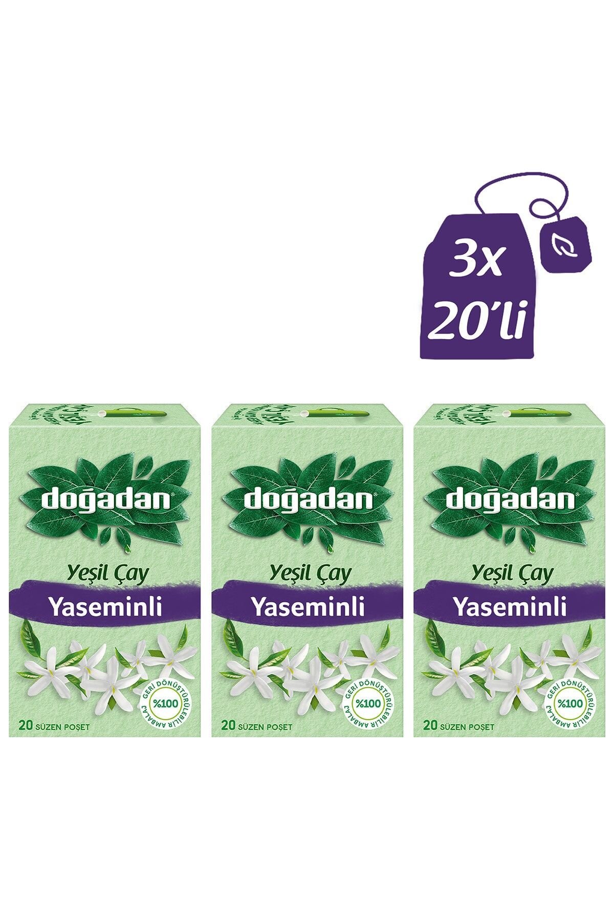 Doğadan Yeşil Çay Yaseminli 20'li Poşet x 3 adet