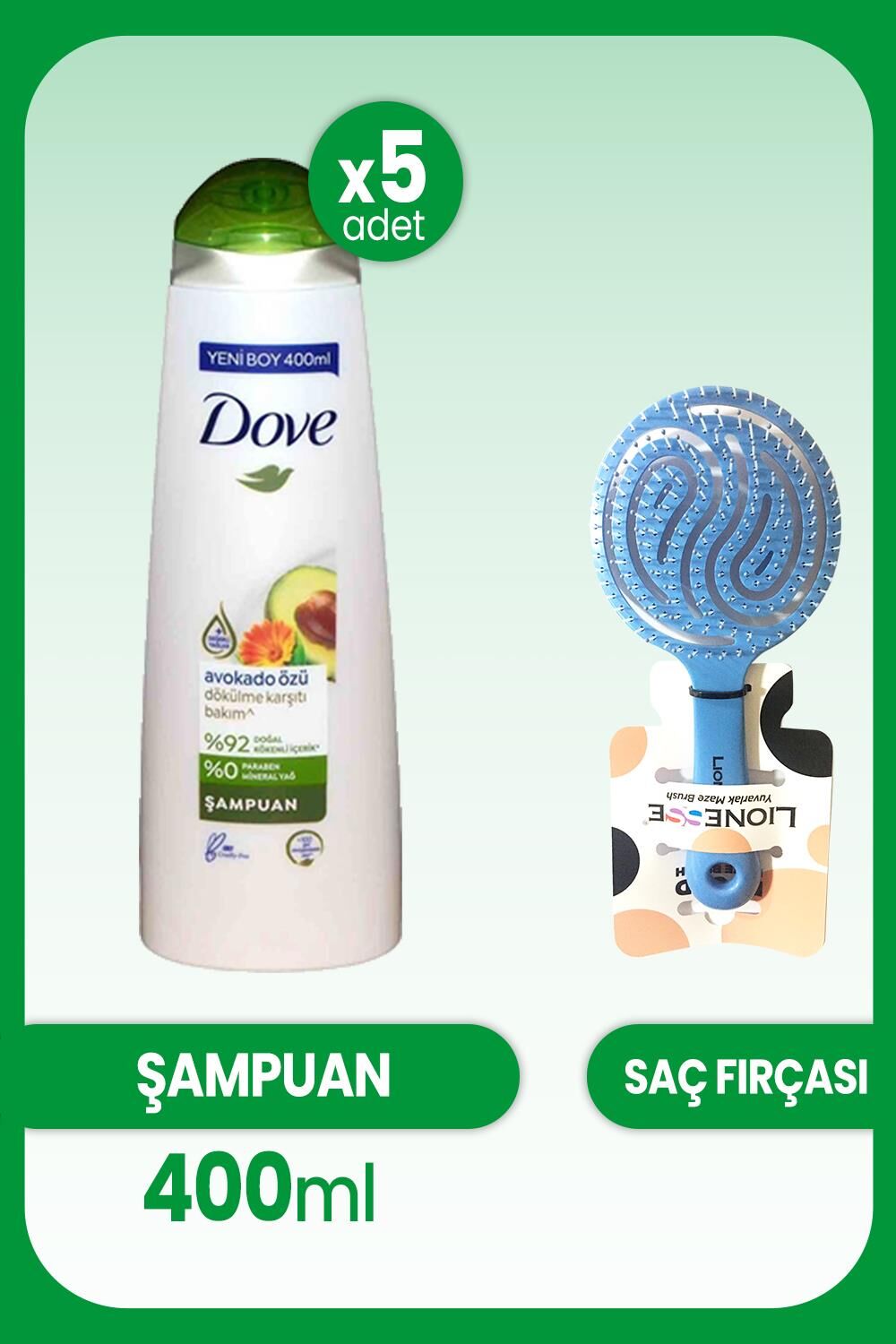 Dove Şampuan Avokado Özü Dökülme Karşıtı 400 ml x 5 Adet ve Saç Fırçası