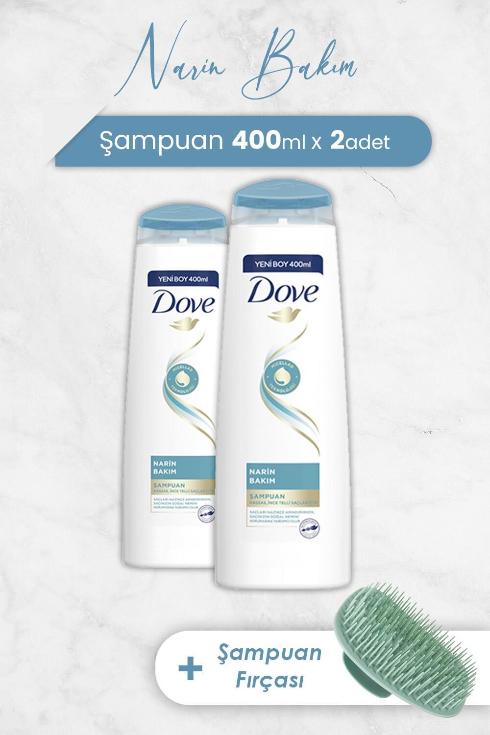 Dove Saç Bakım Şampuanı Narin Bakım 400 ml x 2 Adet ve Şampuan Fırçası