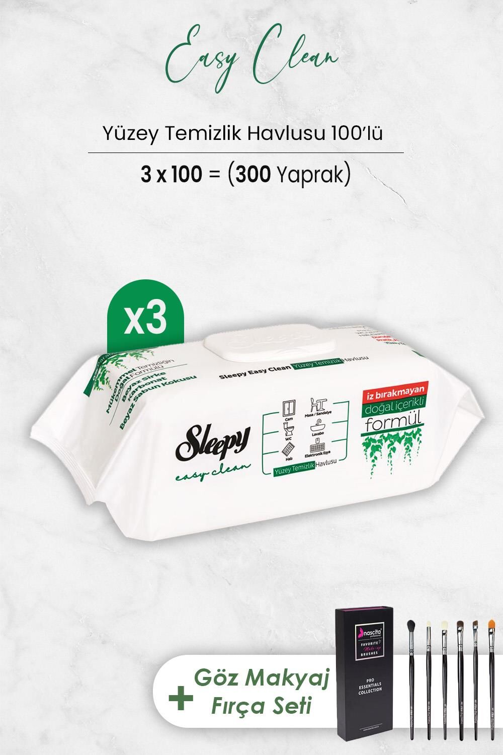 Sleepy Easy Clean Yüzey Temizlik Havlusu 100' lü x 3 Adet ve Göz Makyaj Fırça Seti