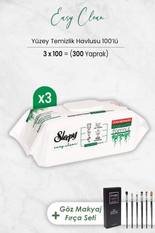 Sleepy Easy Clean Yüzey Temizlik Havlusu 100' lü x 3 Adet ve Göz Makyaj Fırça Seti