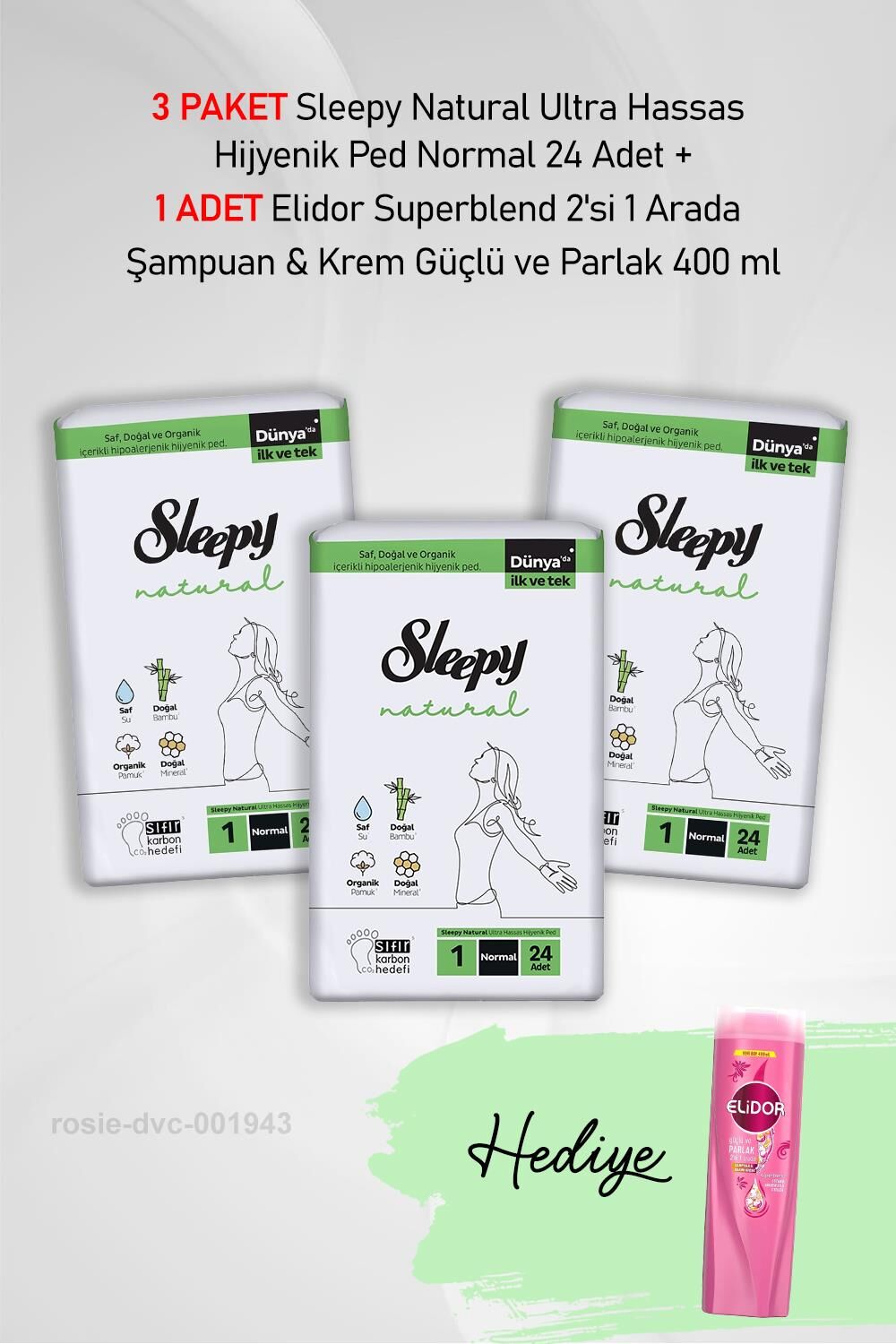 Sleepy Natural Hijyenik Ped Normal 24 Adet X 3 ve Hediye Elidor 2'si 1 Arada Güçlü ve Parlak 400 ml