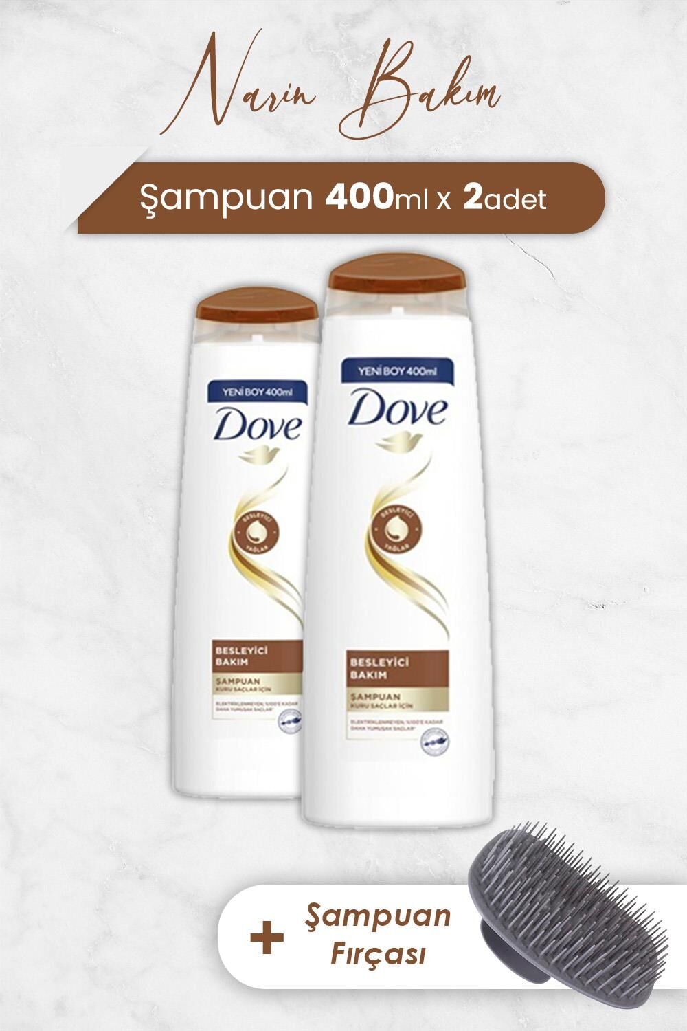Dove Saç Bakım Şampuanı Besleyici Bakım 400 ml x 2 Adet ve Şampuan Fırçası