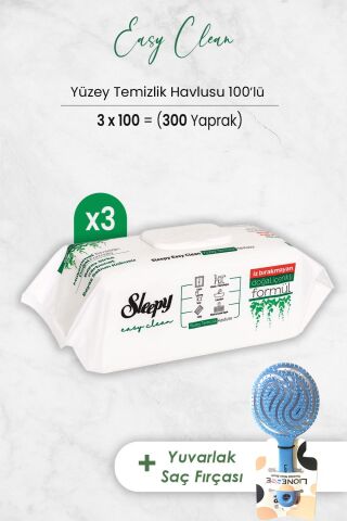 Sleepy Easy Clean Yüzey Temizlik Havlusu 100' lü x 3 Adet ve Saç Fırçası Yuvarlak Mavi